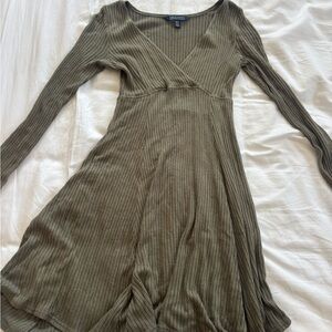 American Eagle Outfitters Olive Ribbed Long Sleeve Dress
